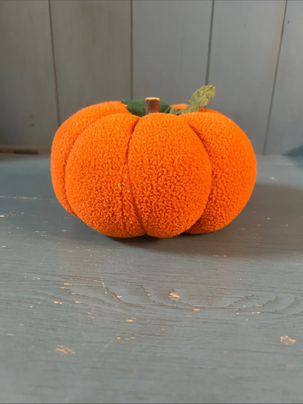 Plush Felt Orange Pumpkin Fall Decor with Green Leaf & Wood Stem | Halloween